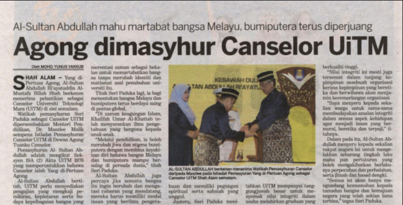 Agong dimasyhur Canselor UiTM Al-Sultan Abdullah mahu martabat bangsa Melayu, bumiputera terus diperjuang.png